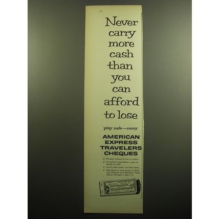 1957 American Express Travelers Cheques Ad - Never carry more cash