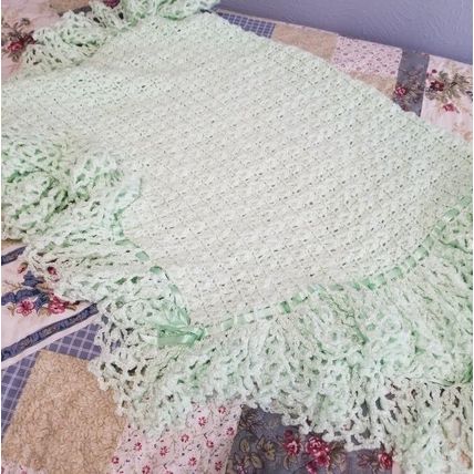 Vintage Handmade Crochet Baby Blanket + Mint + Ribbon