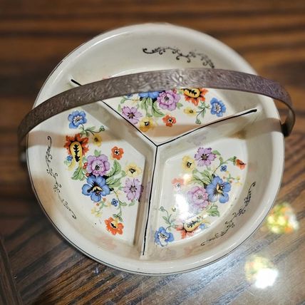 Vintage 3-Section Heavy Ceramic Floral Japanese Dish with Pewter Filigree Holder