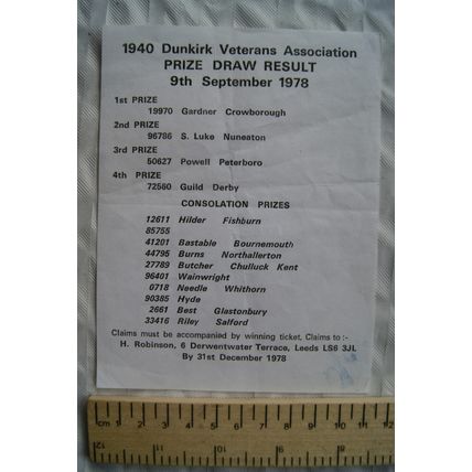1978 Dunkirk Veterans Association Prize Draw Result