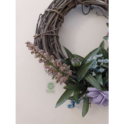WOODVINE WREATH with PURPLE BLUE AND PINK FLOWERS