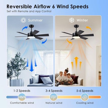 42 Inch Ceiling Fans with Lights, Black Ceiling Fan with Remote APP, Dual-Sided