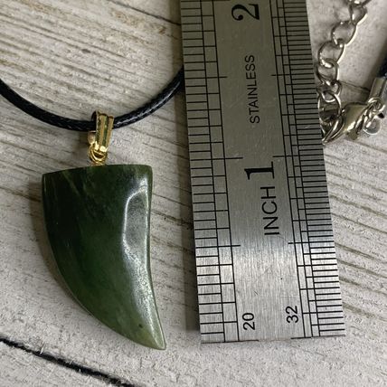 Vintage 70s Jade Sharks Tooth Pendant Necklace Adjustable Black Cord Chain 20"