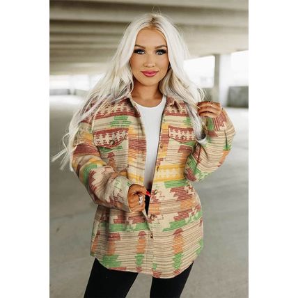Yellow Western Aztec Print Button Flap Pocket Shacket