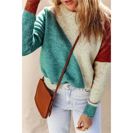 Multicolor Colorblock Ribbed Trim Round Neck Sweater