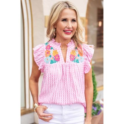 Pink Floral Embroidered Check Ruffle Flutter Sleeves Blouse
