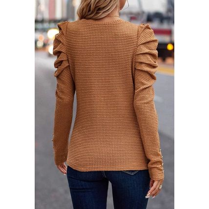 Chestnut Solid Color Textured Buttoned Gigot Sleeve Top