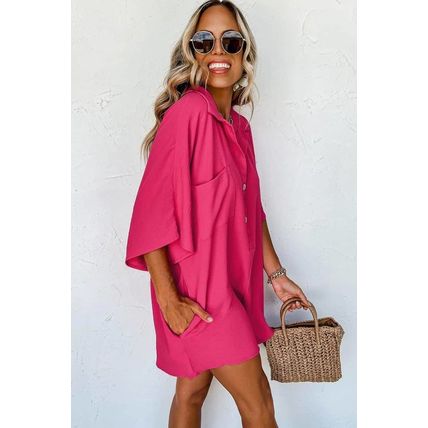 Bright Pink Half Button Collared Loose Romper
