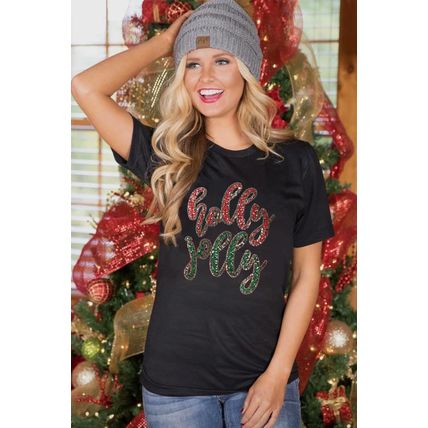 Black Christmas Sequined holly jolly Graphic Tee