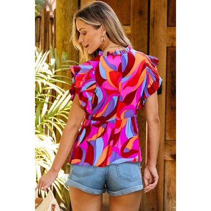 Orange Abstract Print Flutter Sleeve Peplum Blouse