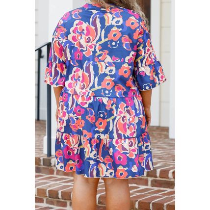 Blue Plus Size Floral Print Ruffled 3/4 Sleeve Mini Dress