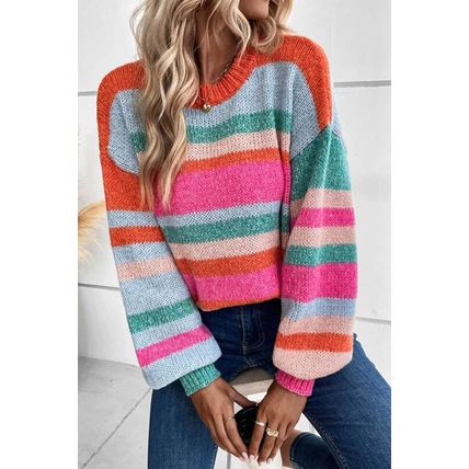 Multicolor Striped Knit Drop Shoulder Puff Sleeve Sweater