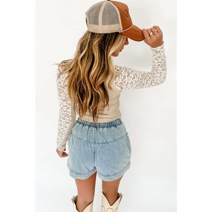Beige Floral Lace Patchwork Long Sleeve High Neck Slim Top