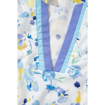 Sky Blue Floral Print Frilled Notched V Neck Blouse