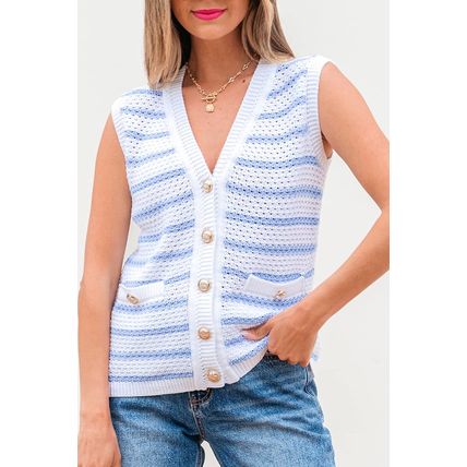 Sky Blue Stripe V Neck Gold Buttons Elegant Sweater Vest