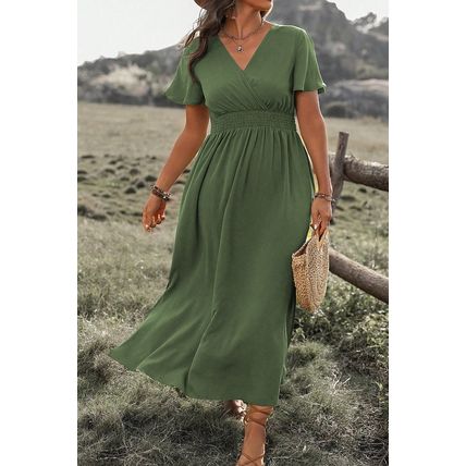 Four Leaf Clover Surplice Neckline Shirred High Waist Plus Size Maxi Dress