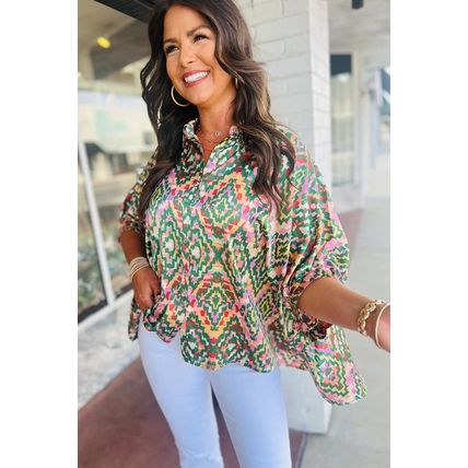 Dark Green Abstract Print Half Sleeve Button up Loose Shirt