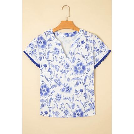 Blue Elegant Floral Print Ricrac Trim Short Sleeve Blouse