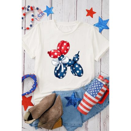 White American Flag Inspired Balloon Dog Graphic Cotton Blend T Shirt