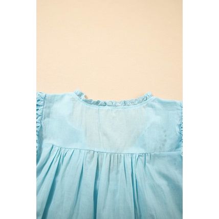Mist Blue Embroidered Lace Patchwork Tie Neck Puff Short Sleeve Blouse