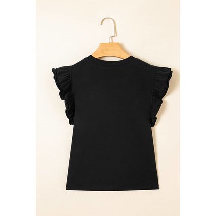 Black Ruffled Crew Neck Slim Fit Top