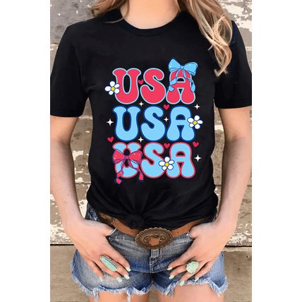 Black July 4th Cute Flower Bow USA Letter Graphic Tee