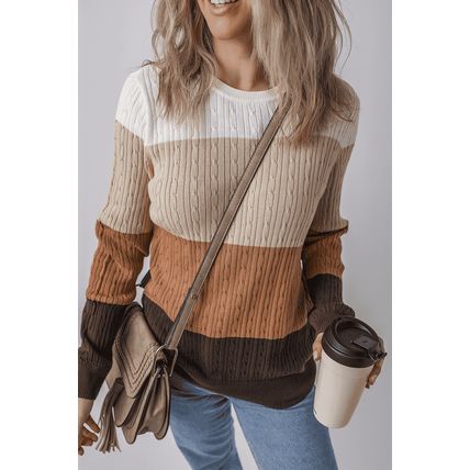 Khaki Colorblock Cable Knit Round Neck Sweater