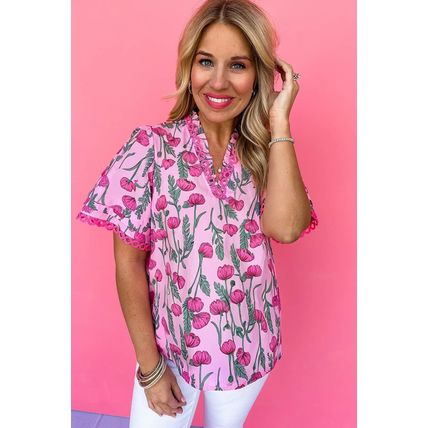 Pink Floral Lace Detail Frilled V Neck Summer Blouse