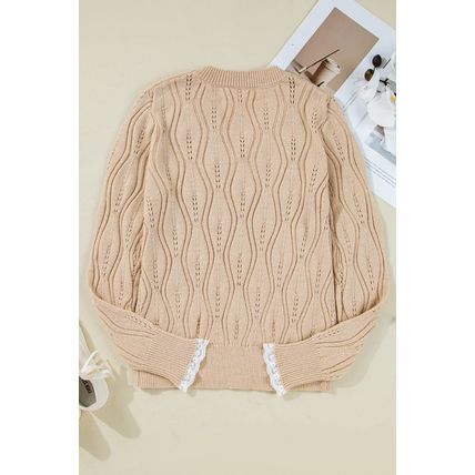 Smoke Gray Pearl Beaded Pointelle Knit V Neck Lace Patchwork Sleeve Sweater