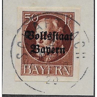 GER (BAVARIA) 1919 50pf KING LUDWIG III' (OVPT)(IMPERFED) FINE USED(EBID65-466)