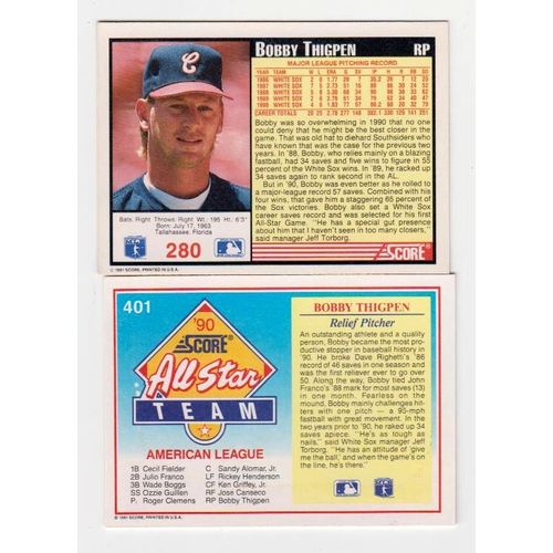 Two 1991 Score Bobby Thigpen cards #280 & All Star Team #401