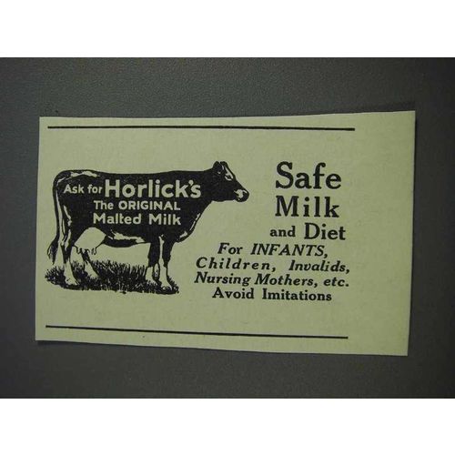 1925 Horlick's Malted Milk Ad - Safe Milk and Diet