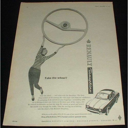 1959 Renault Dauphine Car Ad, Take The Wheel NICE!!