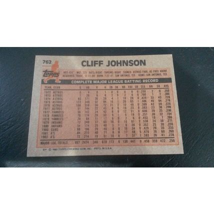 1983 Topps Card # 762 Cliff Johnson Excellent (5) Oakland Athletics