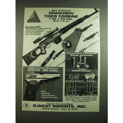 1994 B-West Imports Ad - Dragunov Tiger Carbine, Baikal IJ70-17A Pistol