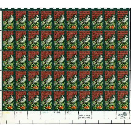 Partridge in a Pear Tree Sheet of Fifty 8 Cent Postage Stamps Scott 1445