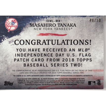 MASAHIRO TANAKA INDEPENDENCE DAY FLAG 48/50 2018 AUTOGRAPHED NEW YORK YANKEES P