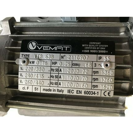 VEMAT VTB 63B ELECTRIC MOTOR 440v .25hp 1360/1620rpm,SITI MI 30 M6,F.11,SM