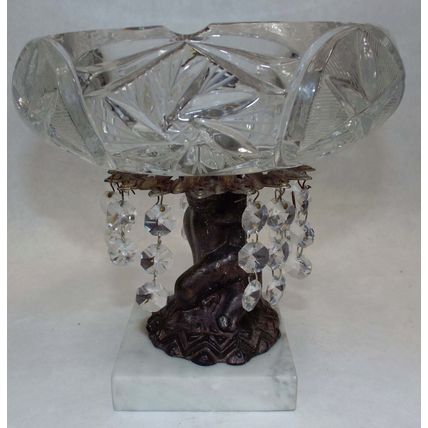 Vintage White Glass Ashtray Brass Base Cherub 40’s 50’s Hanging Crystals Marble