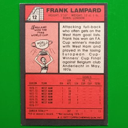 TOPPS FOOTBALL RED BACK 1977 #12 West Ham United Frank Lampard