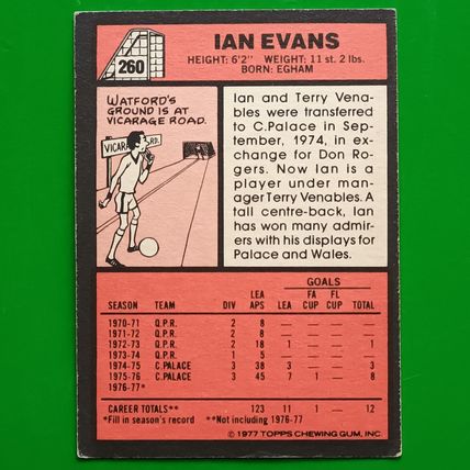 TOPPS FOOTBALL RED BACK 1977 #260 Ian Evans Crystal Palace