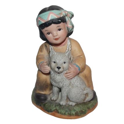 VTG Home Interiors Native American Indian Girl Wolf Figurine 4" in Gift Decor