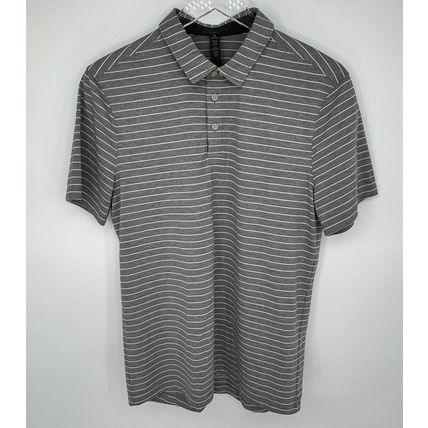 Men’s Lululemon Polo Shirt Size M Gray Striped - Excellent Pre-Owned Condition