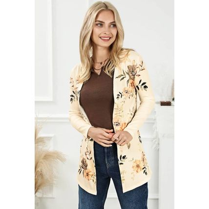 Apricot Floral Print Ribbed Knit Slim Fit Cardigan