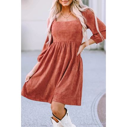 Brown Suede Square Neck Puff Sleeve Dress