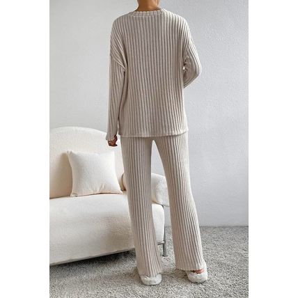 Khaki Ribbed Knit V Neck Slouchy Two-piece Outfit