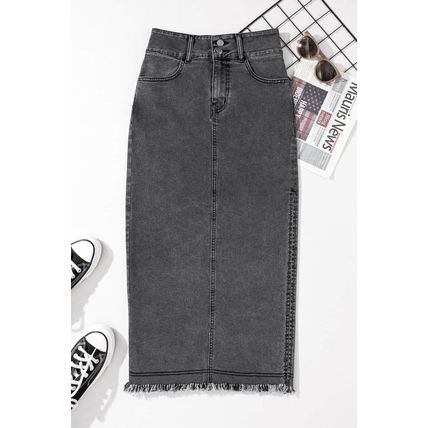 Black Raw Edge Side Slits Buttoned Midi Denim Skirt