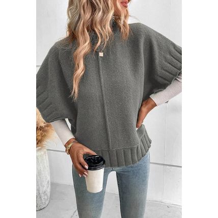 Medium Grey Mock Neck Batwing Short Sleeve Knit Sweater