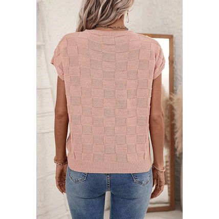 Dusty Pink Lattice Textured Knit Short Sleeve Sweater