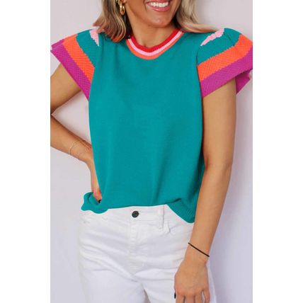 Turquoise Contrast Flutter Sleeves Knitted Sweater T Shirt